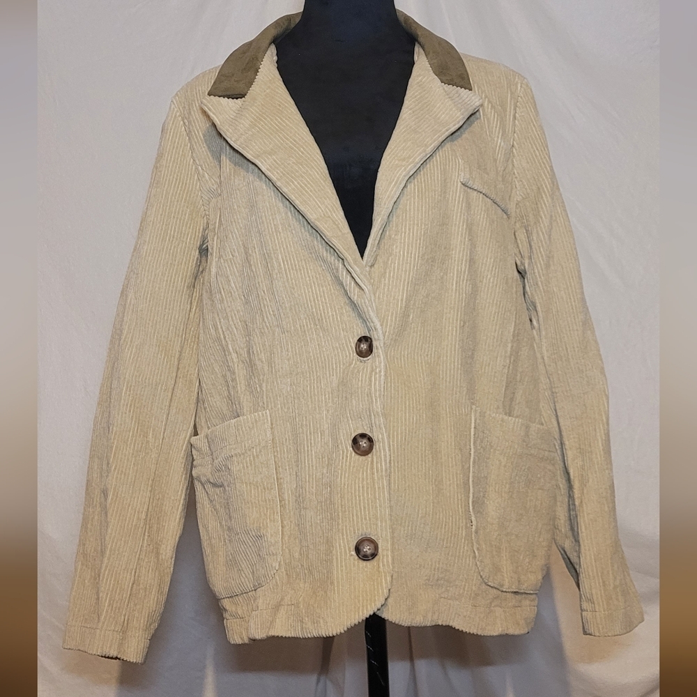 POL Beige Corduroy Oversized Barn Blazer with Olive Microfiber Collar